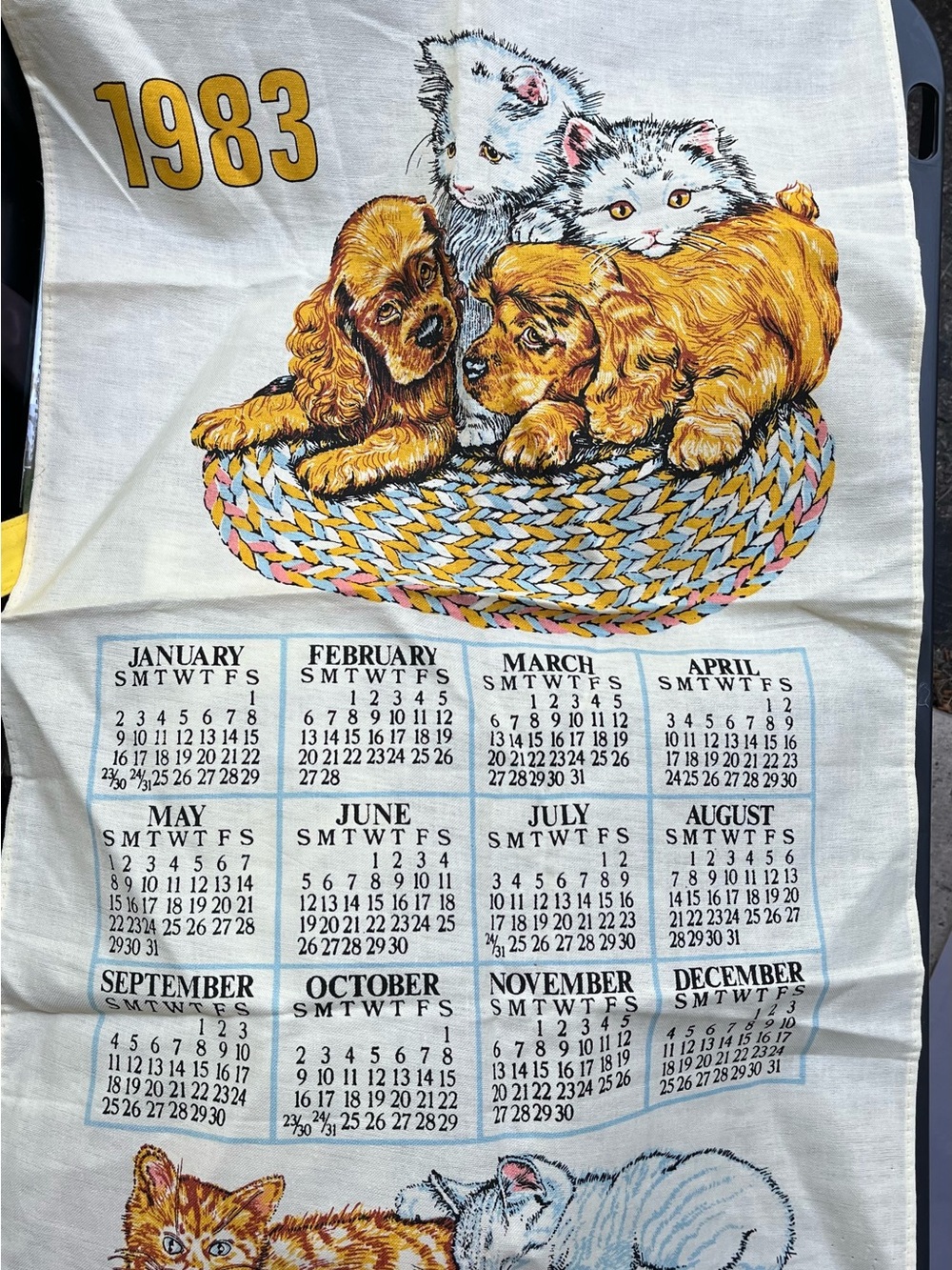 Vintage 1983 Cats Dogs Calendar Tea Towel Retro Kitchen Linen